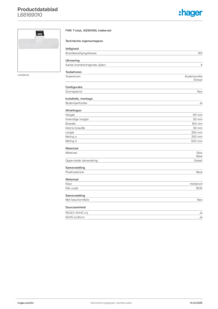 Afbeelding Hager Productdatablad L68169010 | Hager Nederland