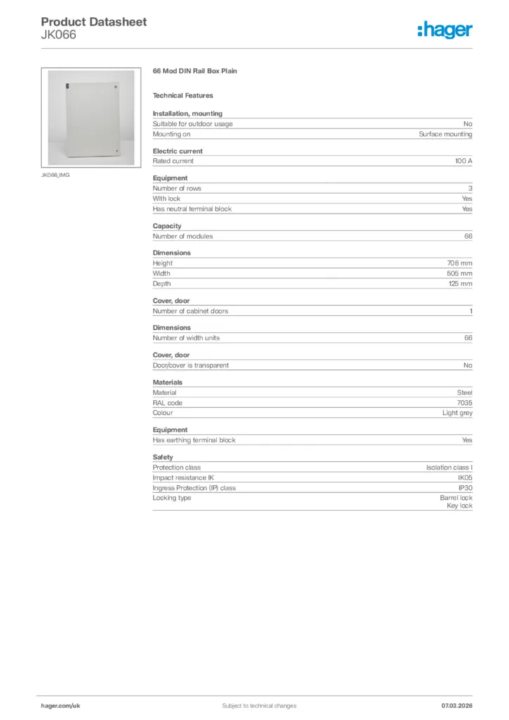 Image Hager Product data sheet JK066  | Hager
