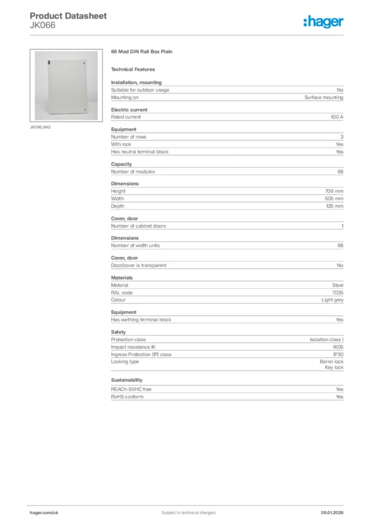 Image Hager Product data sheet JK066  | Hager