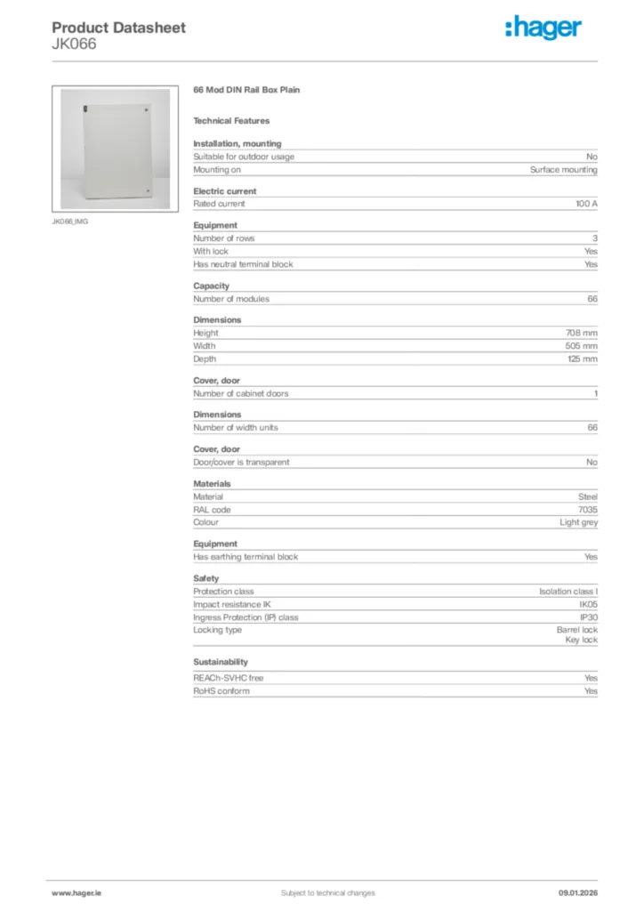 Image Hager Product data sheet JK066  | Hager