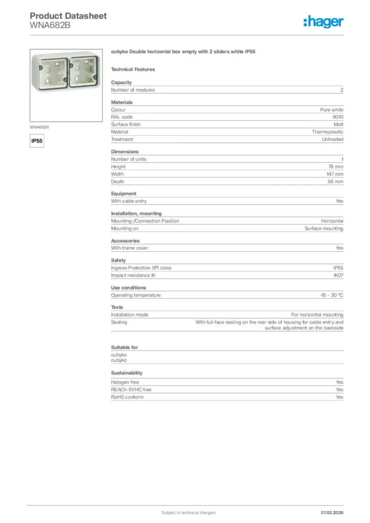 Image Hager Product data sheet WNA682B  | Hager Africa