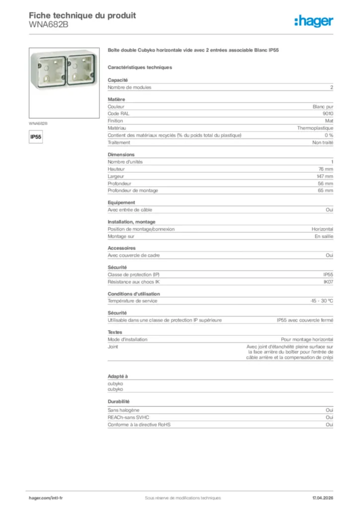 Image Hager Fiche technique du produit WNA682B | Hager Afrique