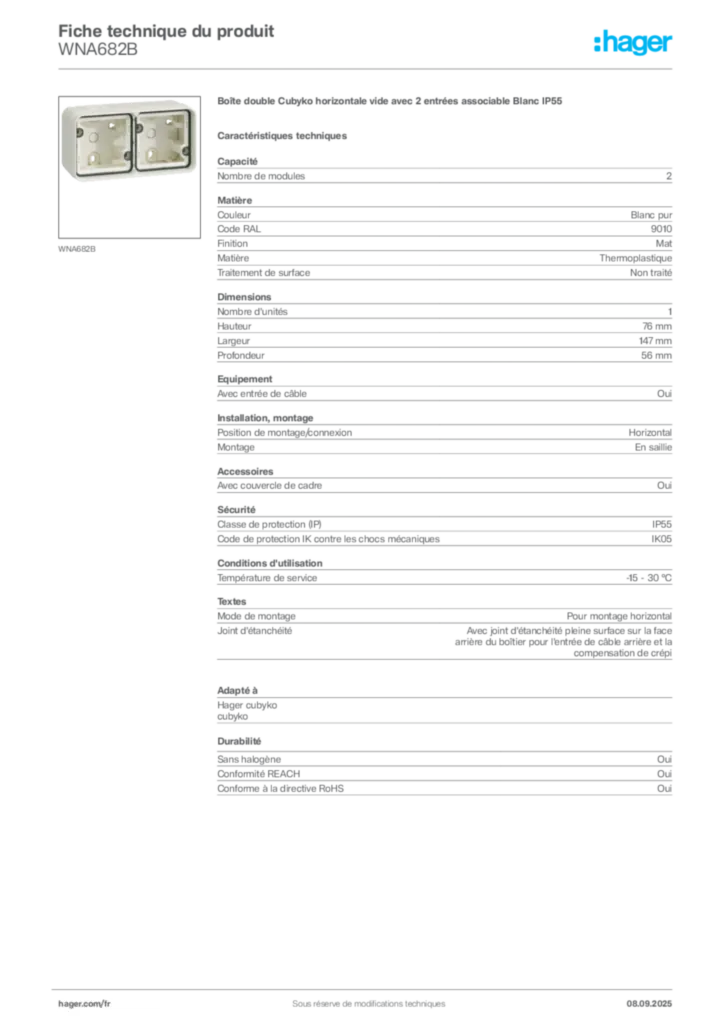 Image Hager Fiche technique du produit WNA682B | Hager France