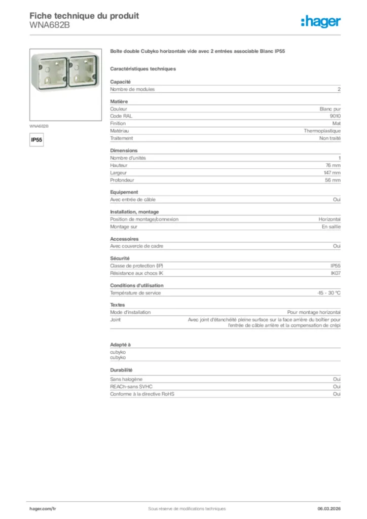Image Hager Fiche technique du produit WNA682B | Hager France