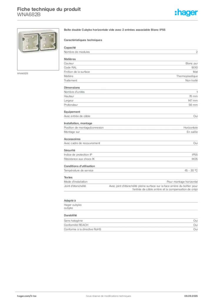 Image Hager Fiche technique du produit WNA682B | Hager Belgique