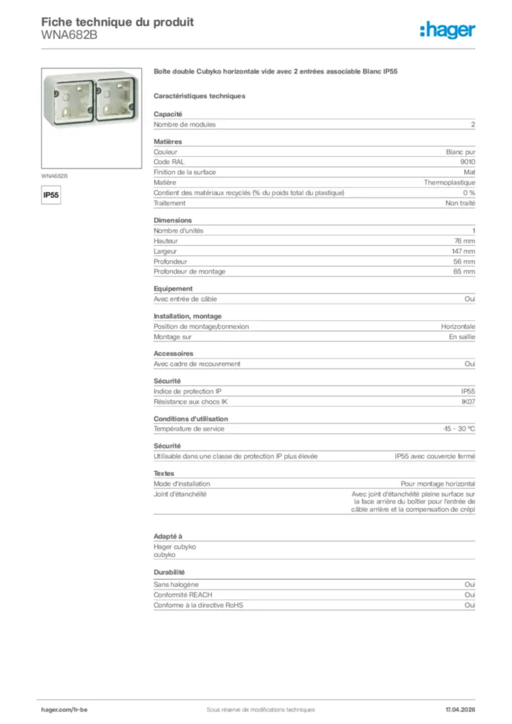 Image Hager Fiche technique du produit WNA682B | Hager Belgique