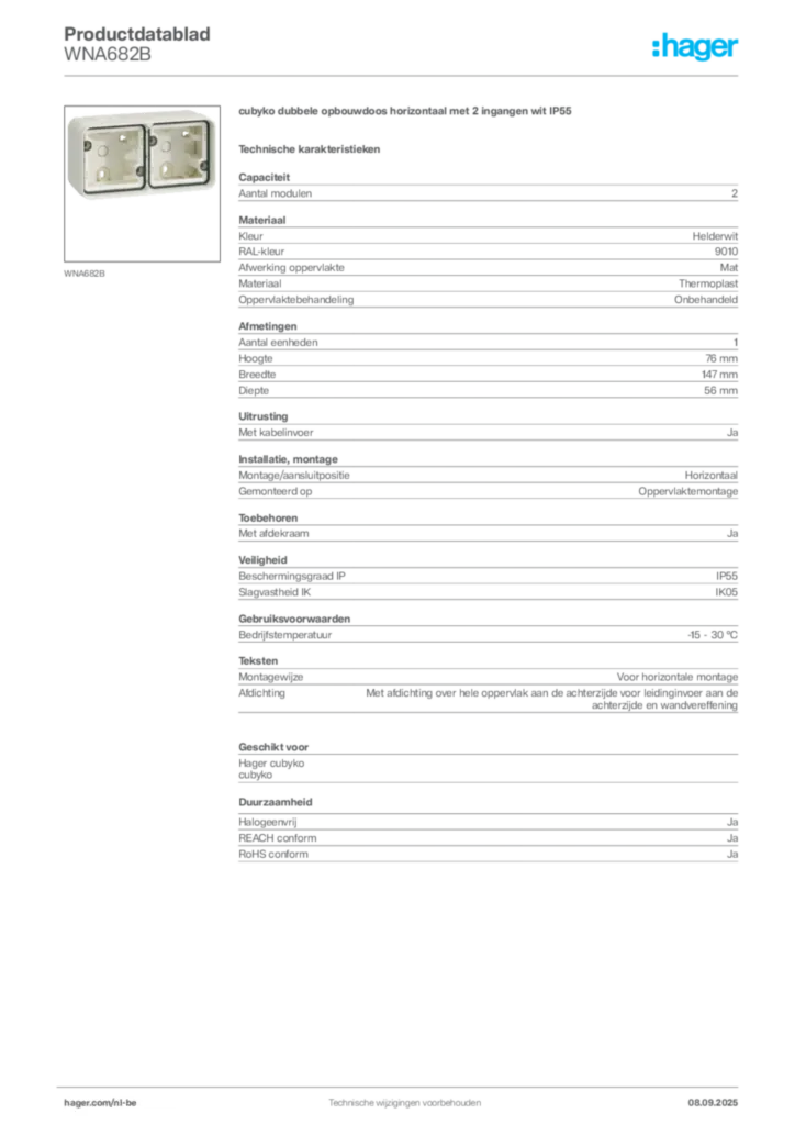 Afbeelding Hager Productdatablad WNA682B | Hager Belgium