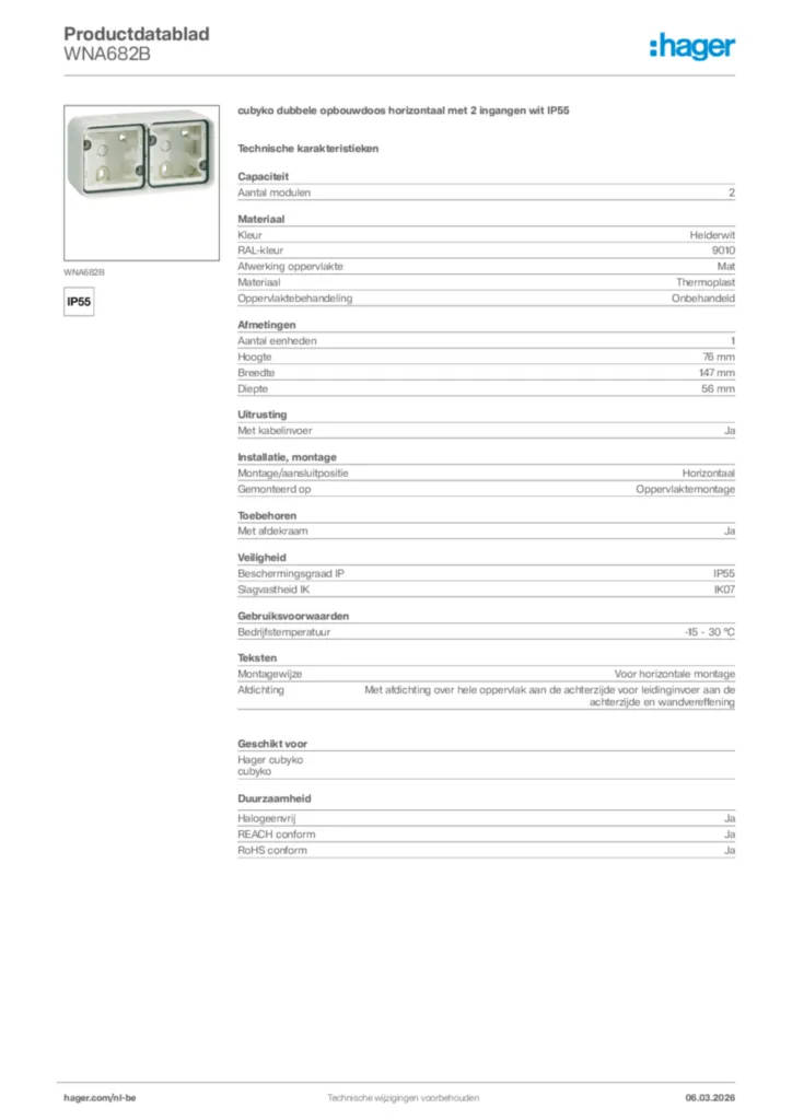 Afbeelding Hager Productdatablad WNA682B | Hager Belgium