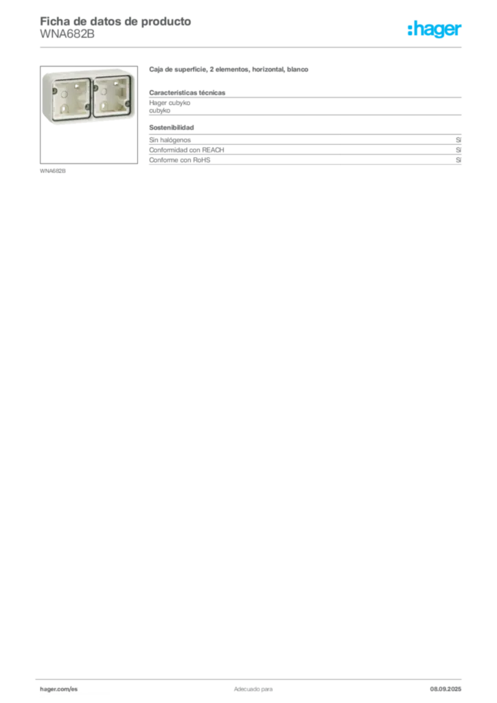 Imagen Hager Ficha de datos de producto WNA682B | Hager España