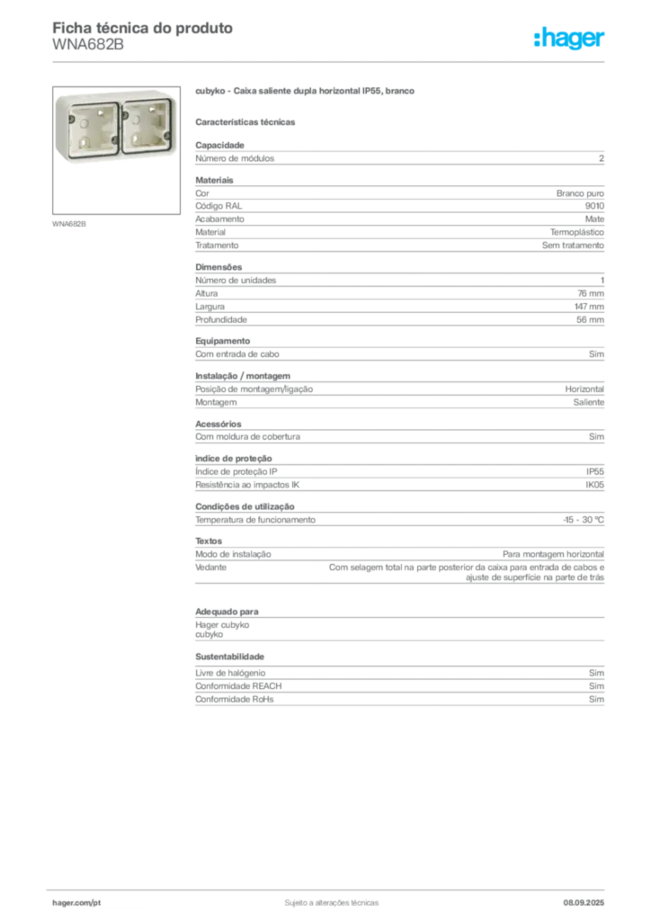 Imagem Hager Ficha técnica do produto WNA682B | Hager Portugal
