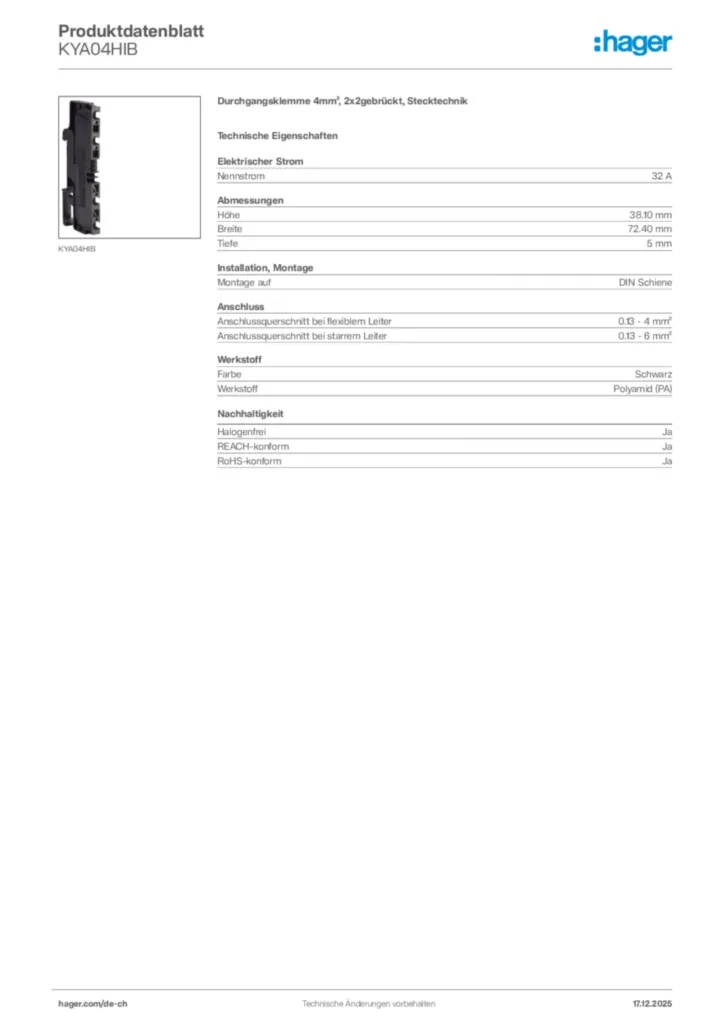 Bild Hager Produktdatenblatt KYA04HIB | Hager Schweiz