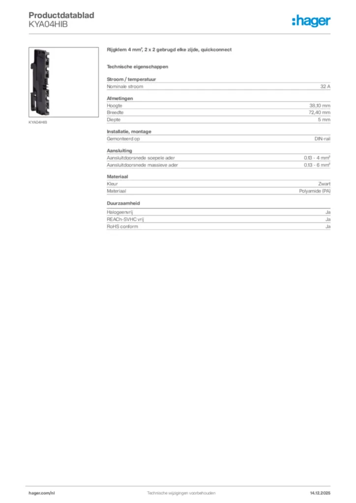 Afbeelding Hager Productdatablad KYA04HIB | Hager Nederland