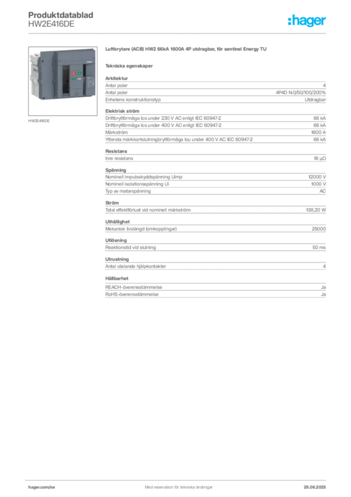 Bild Hager Produktdatablad HW2E416DE | Hager Sverige