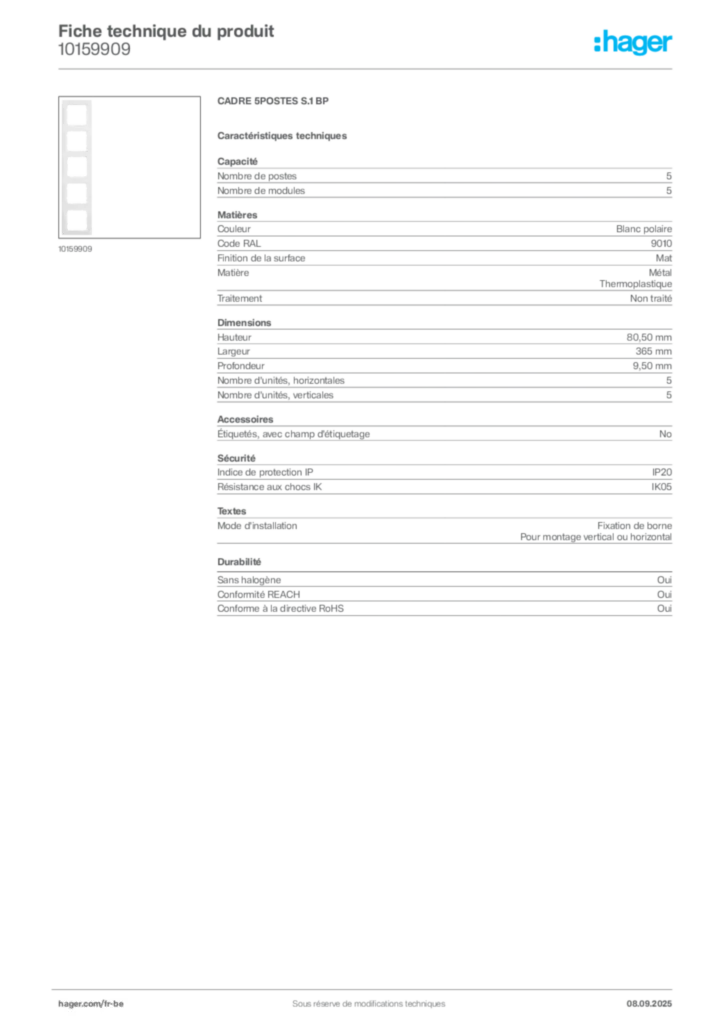 Image Hager Fiche technique du produit 10159909 | Hager Belgique