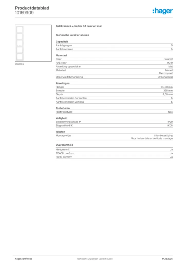 Afbeelding Hager Productdatablad 10159909 | Hager Belgium
