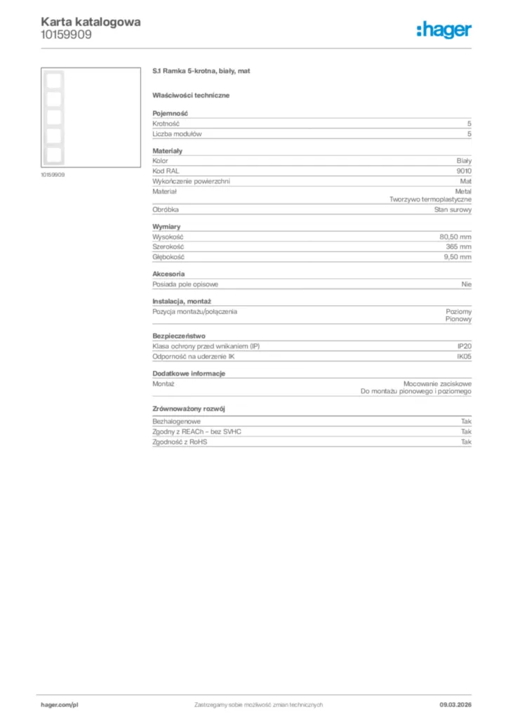 Zdjęcie Hager Karta katalogowa 10159909 | Hager Polska