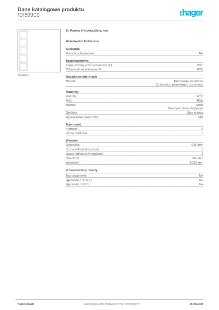 Zdjęcie Hager Karta katalogowa 10159909 | Hager Polska