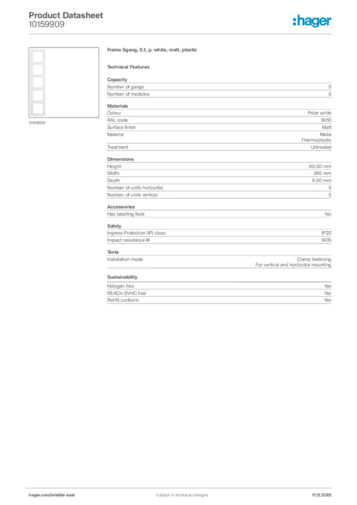 Image Hager Product data sheet 10159909  | Hager