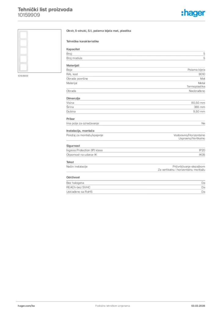Slika Hager Tehnički list proizvoda 10159909  | Hager