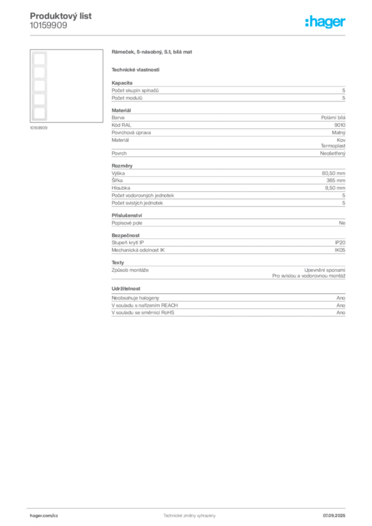 Obrázek Hager Produktový list 10159909 | Hager