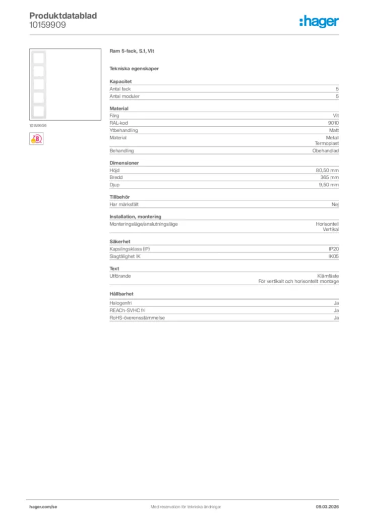 Bild Hager Produktdatablad 10159909 | Hager Sverige