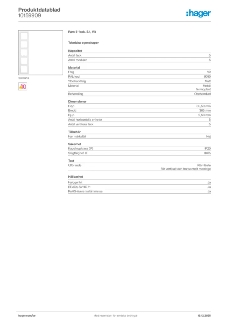 Bild Hager Produktdatablad 10159909 | Hager Sverige