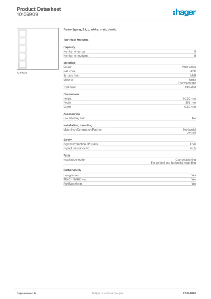 Image Hager Product data sheet 10159909  | Hager