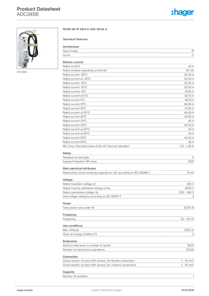 Image Hager Product data sheet ADC245B  | Hager Australia