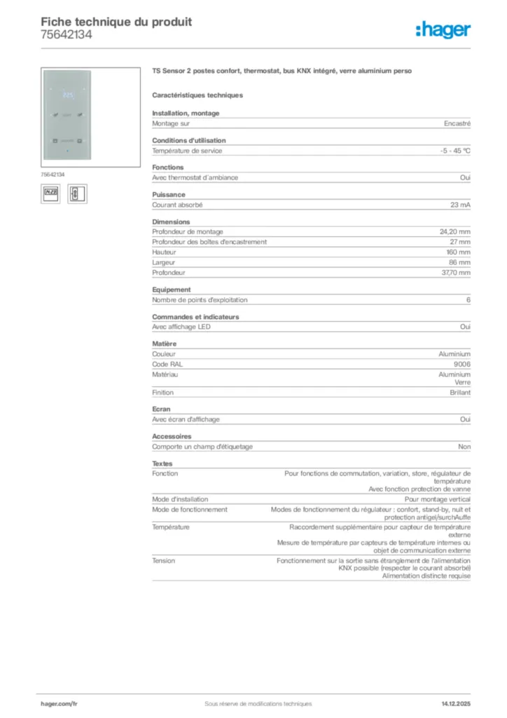 Image Hager Fiche technique du produit 75642134 | Hager France