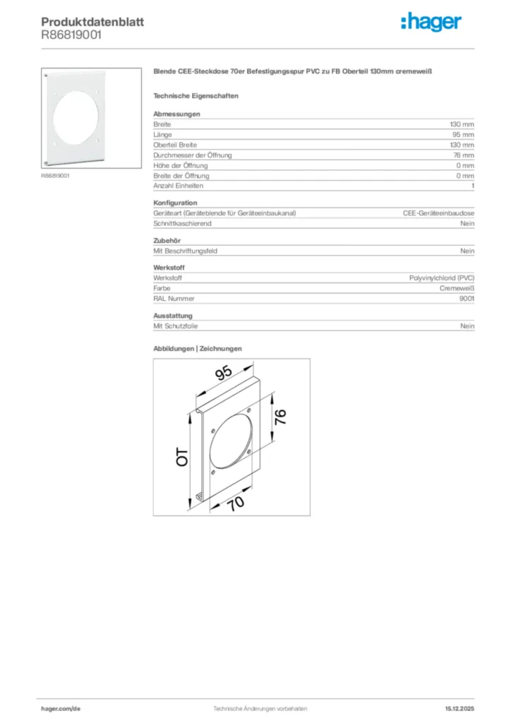 Bild Hager Produktdatenblatt R86819001 | Hager Deutschland