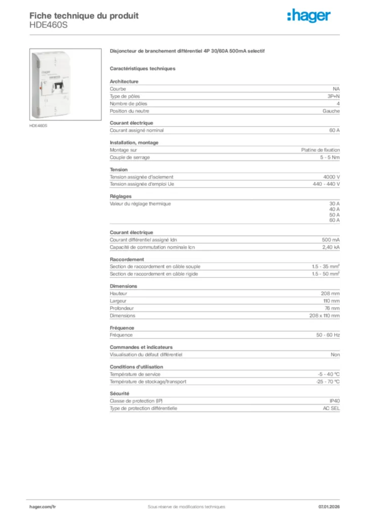 Image Hager Fiche technique du produit HDE460S | Hager France