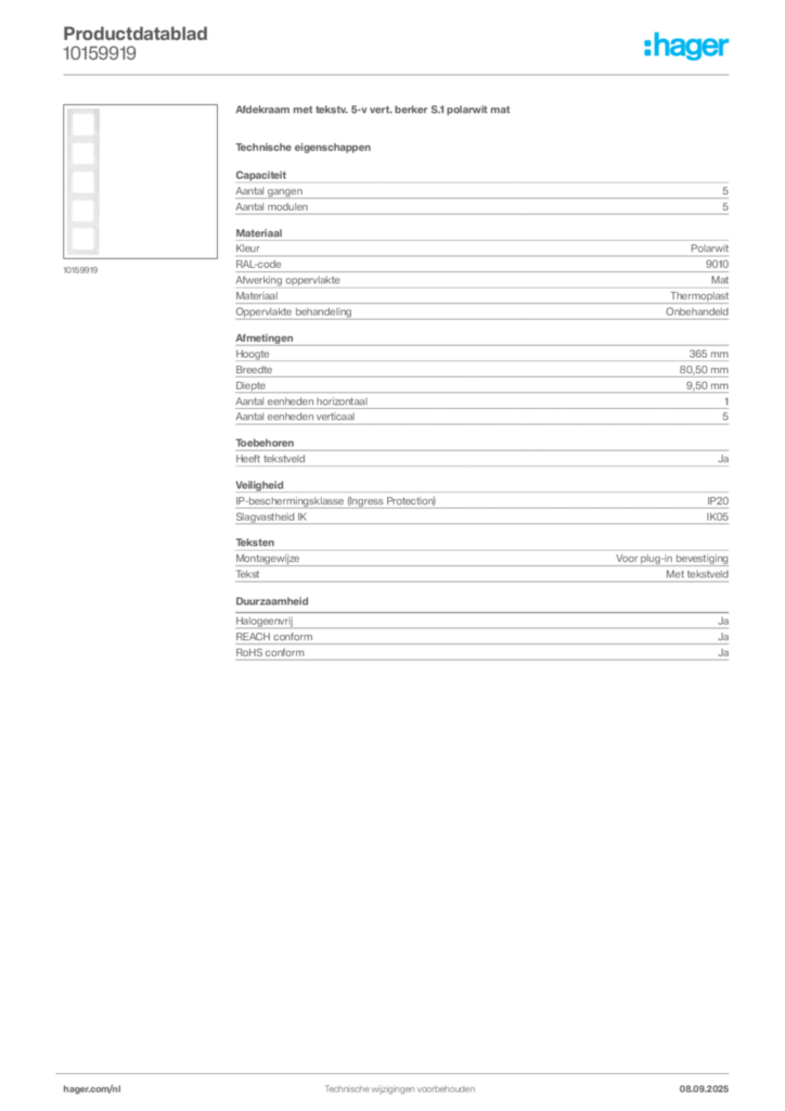 Afbeelding Hager Productdatablad 10159919 | Hager Nederland
