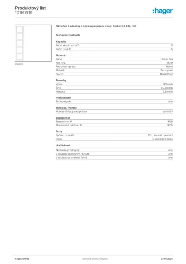 Obrázek Hager Product data sheet 10159919 | Hager