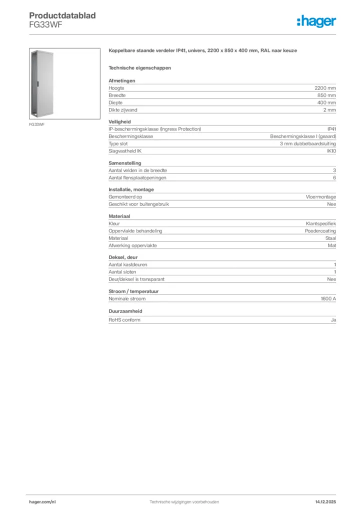 Afbeelding Hager Productdatablad FG33WF | Hager Nederland