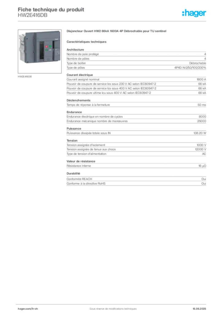 Image Hager Fiche technique du produit HW2E416DB | Hager Suisse