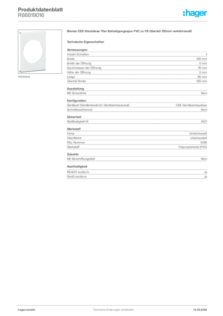Hager Produktdatenblatt R86819016