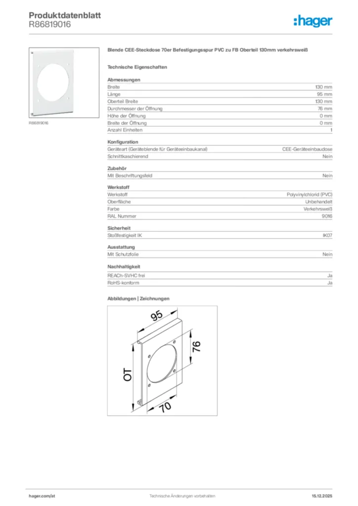 Bild Hager Produktdatenblatt R86819016 | Hager Deutschland