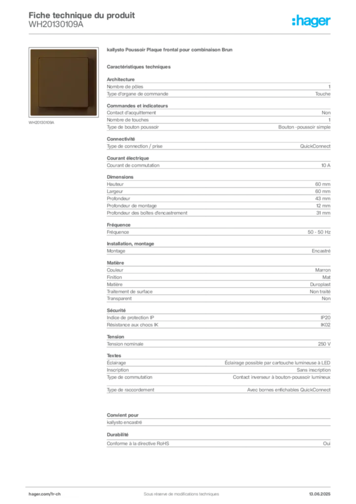 Image Hager Fiche technique du produit WH20130109A | Hager Suisse