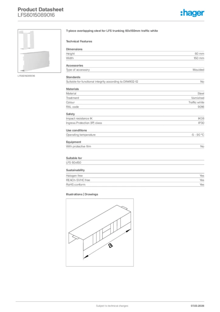 Image Hager Product data sheet LFS6015089016  | Hager Africa