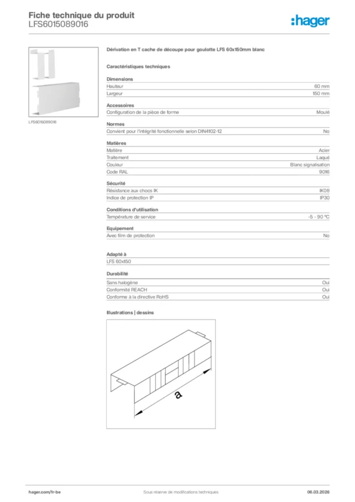 Image Hager Fiche technique du produit LFS6015089016 | Hager Belgique