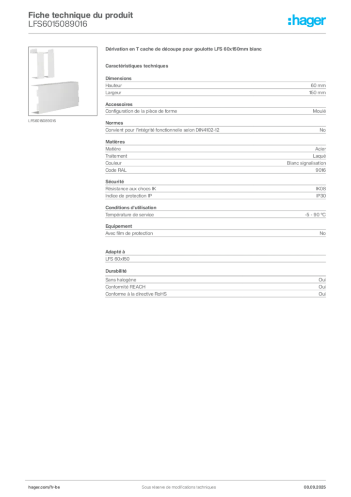 Image Hager Fiche technique du produit LFS6015089016 | Hager Belgique