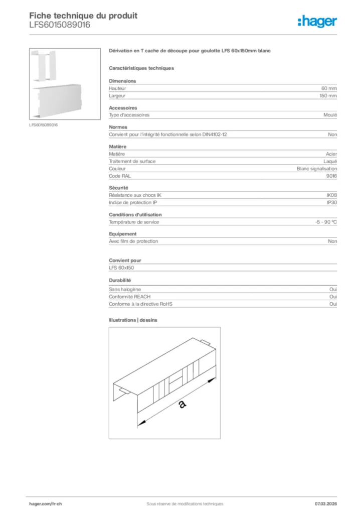 Image Hager Fiche technique du produit LFS6015089016 | Hager Suisse