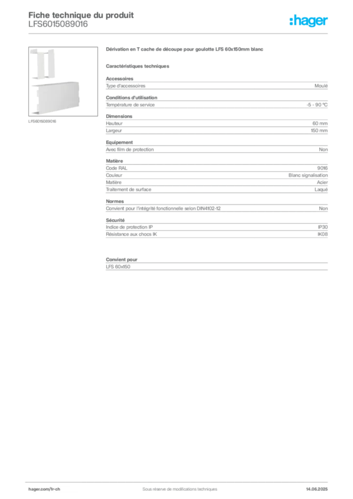 Image Hager Fiche technique du produit LFS6015089016 | Hager Suisse