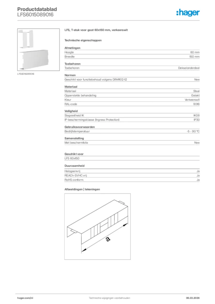 Afbeelding Hager Productdatablad LFS6015089016 | Hager Nederland