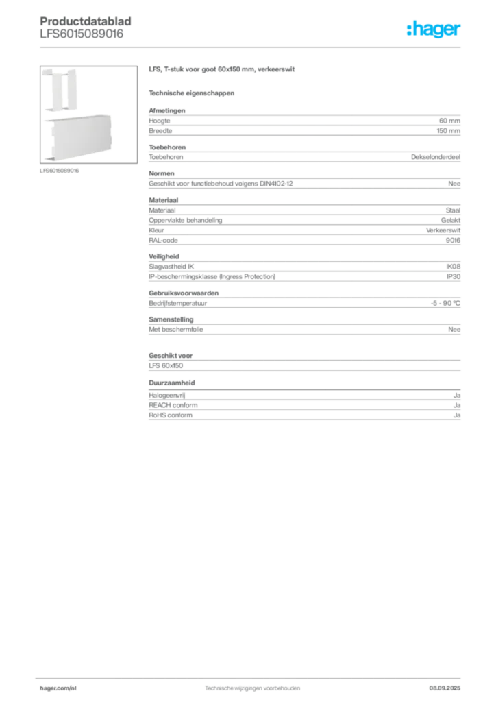Afbeelding Hager Productdatablad LFS6015089016 | Hager Nederland