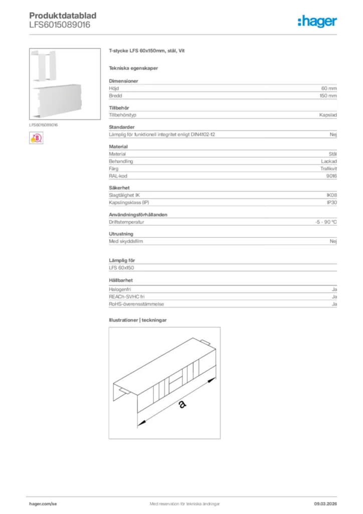 Bild Hager Produktdatablad LFS6015089016 | Hager Sverige