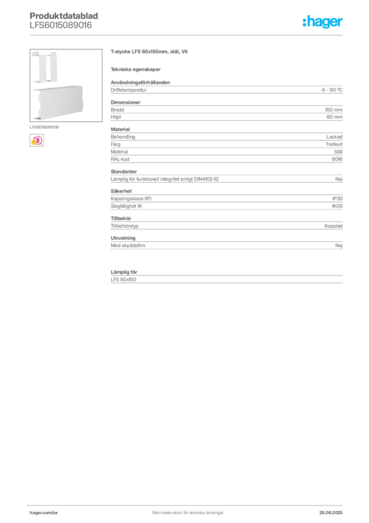 Bild Hager Produktdatablad LFS6015089016 | Hager Sverige