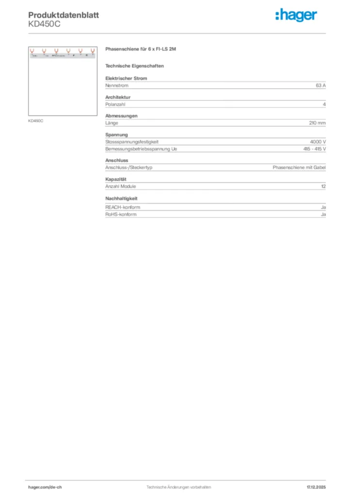 Bild Hager Produktdatenblatt KD450C | Hager Schweiz