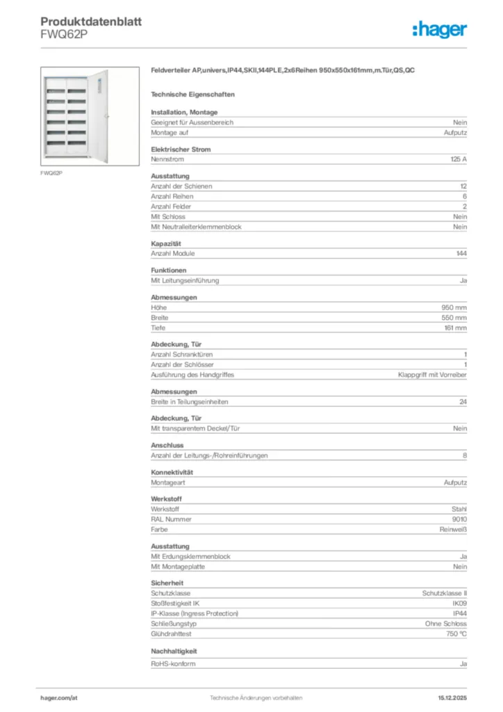 Bild Hager Produktdatenblatt FWQ62P | Hager Deutschland