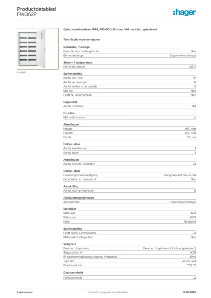 Afbeelding Hager Productdatablad FWQ62P | Hager Nederland